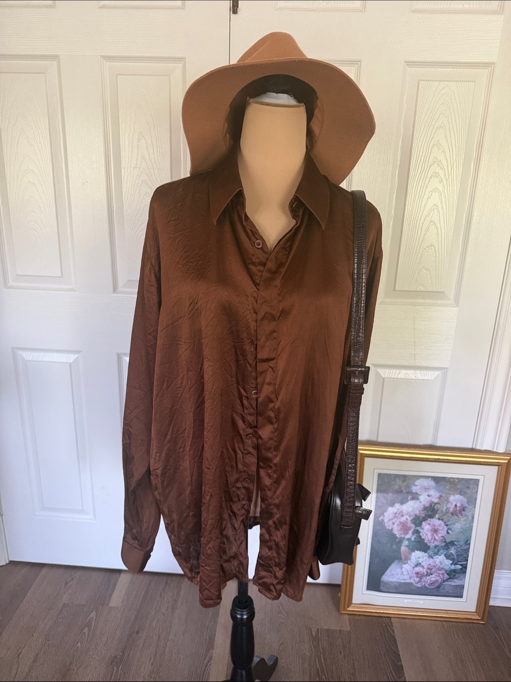 Women's 100% silk Satin Button-Down Shirt in chocolate Brown